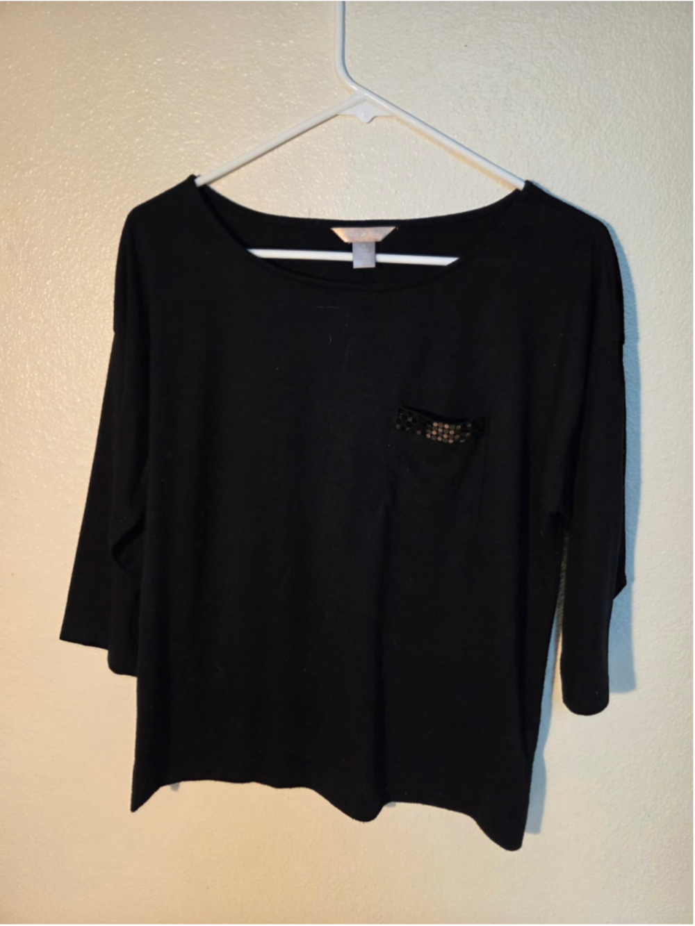 Stag Women’s Sequin Pocket 3/4 Sleeve Top Black Soot Size M 8-10 W-221